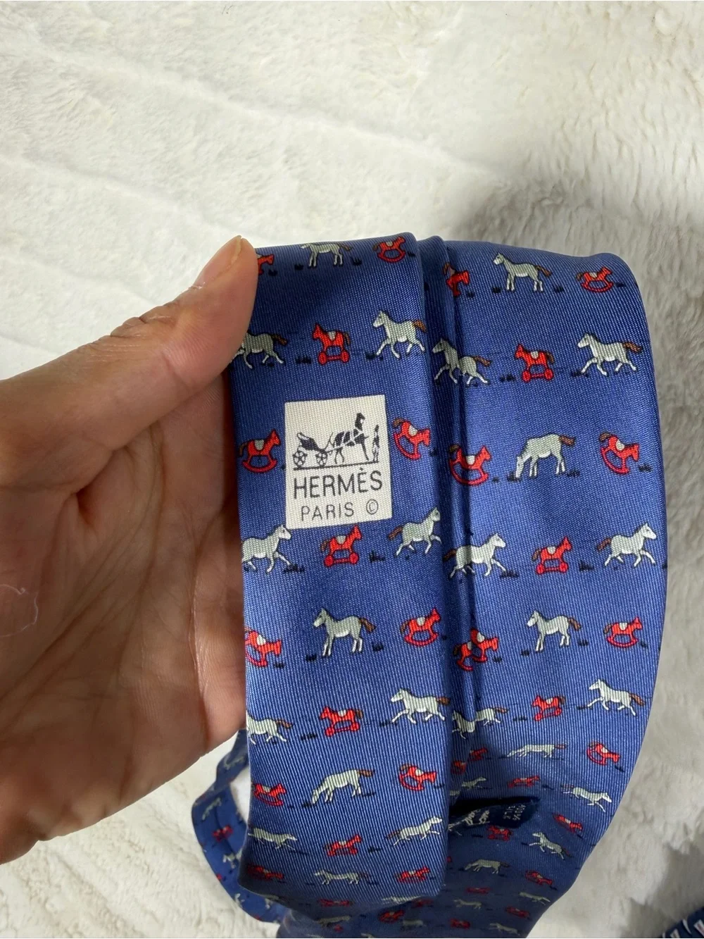 HERMES Horse print silk tie navy With Horse And Toy Horse